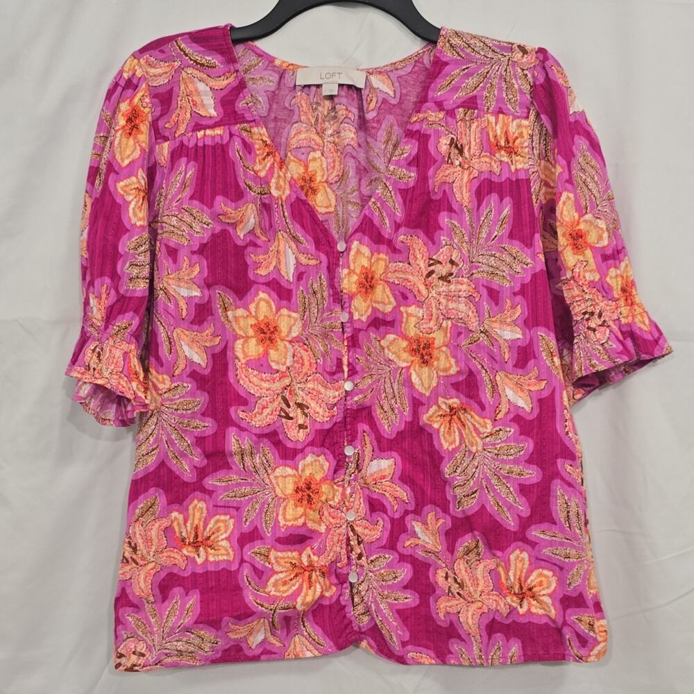 LOFT Womens L Pink Orange Floral Button Front 100% Cotton Ruffle Sleeve Blouse - Picture 1 of 8